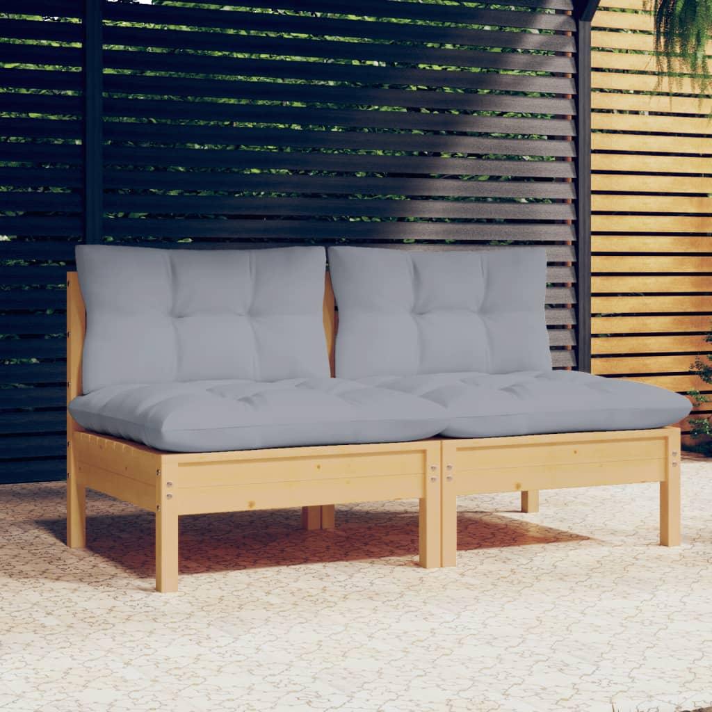 2-Seater Patio Sofa with Gray Cushions Solid Pinewood
