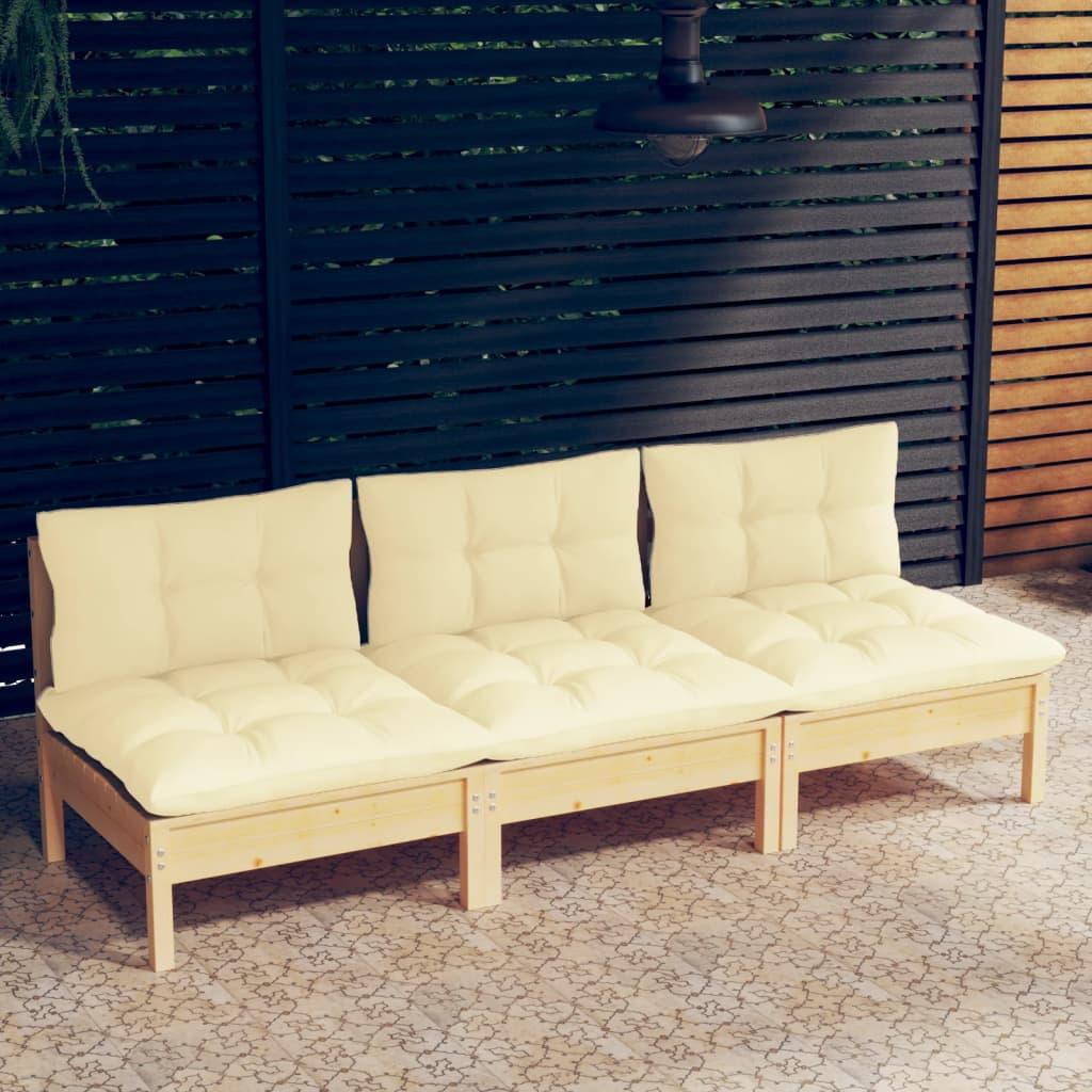 3-Seater Patio Sofa with Cream Cushions Solid Pinewood