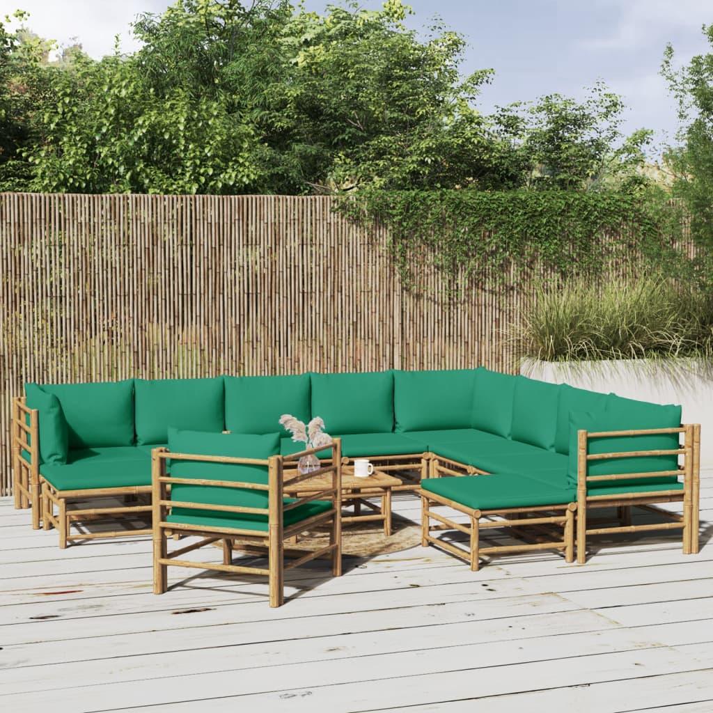 12 Piece Patio Lounge Set with Green Cushions Bamboo