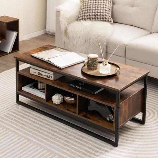3-Tier Industrial Style Coffee Table with Open Shelf and 3 Storage Cubbies-Rustic Brown