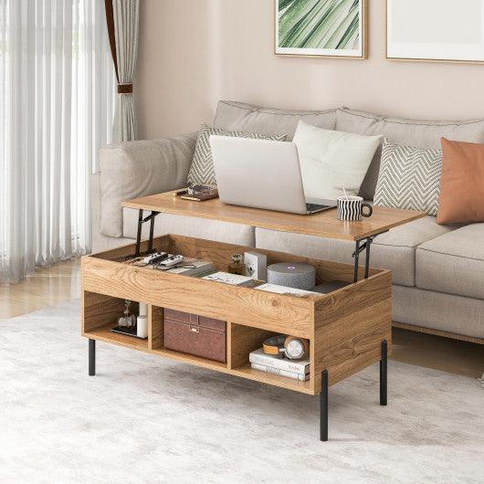 Living Room Central Table with Lifting Tabletop and Metal Legs-Natural