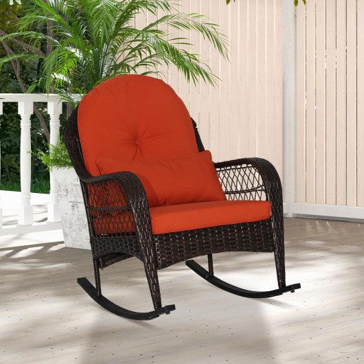 Patio Rattan Rocking Chair with Seat Back Cushions and Waist Pillow-Orange