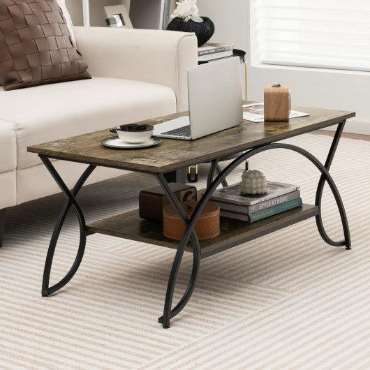 2-Tier Faux Marble Coffee Table with Marble Top and Metal Frame-Dark Brown