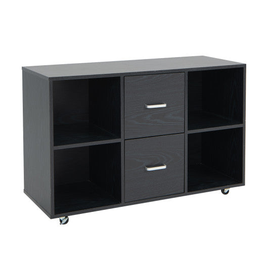 2 Drawer Wood Mobile File Cabinet with 4 Open Compartments-Black - Set Shop and Smile