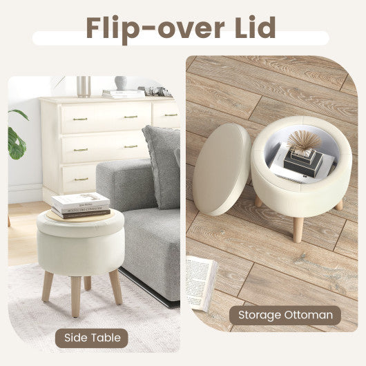 Round Storage Ottoman with Rubber Wood Legs and Adjustable Foot Pads-Beige at Set Shop and Smile