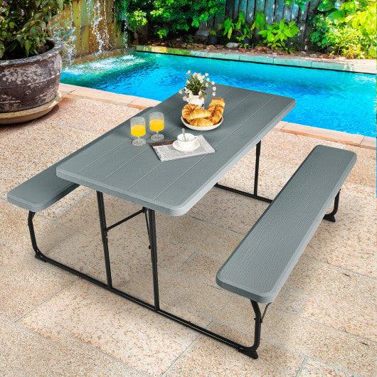 Indoor and Outdoor Folding Picnic Table Bench Set with Wood-like Texture-Gray