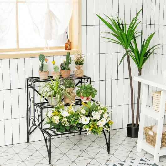 3-Tier Metal Plant Stand with Widened Grid Shelf for Porch Garden-Black