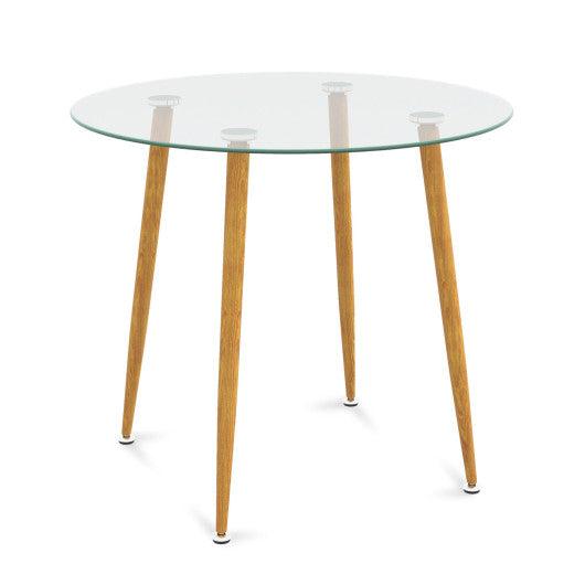 Round Glass Dining Table Leisure Coffee Table with Metal Legs-Natural