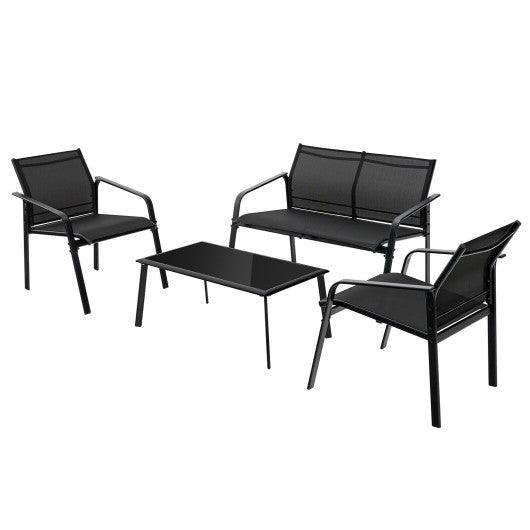 4 Pieces Patio Furniture Set with Armrest Loveseat Sofas and Glass Table Deck-Black