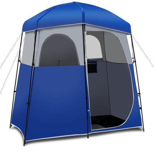 Double-Room Camping Toilet Tent with Floor and Portable Storage Bag-Blue