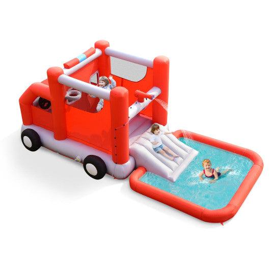 Fire Truck Themed Inflatable Castle Water Park Kids Bounce House without Blower