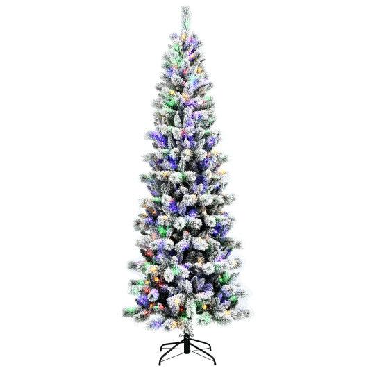 8 Feet Pre-Lit Hinged Snow Flocked Christmas Tree with Remote Control