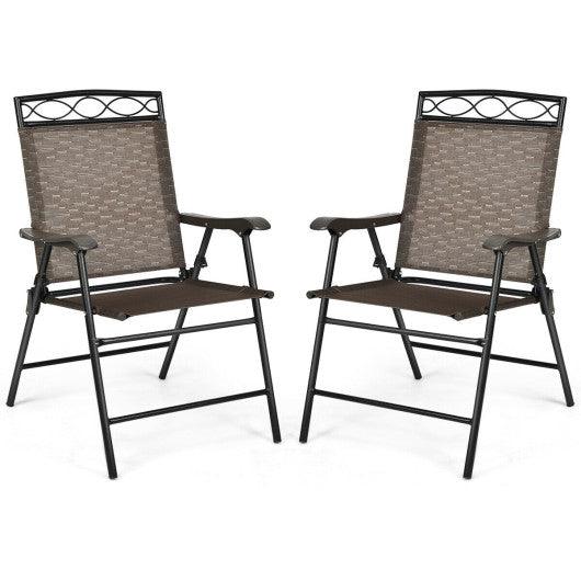 Set of 2 Patio Folding Chairs Sling Portable Dining Chair Set with Armrest