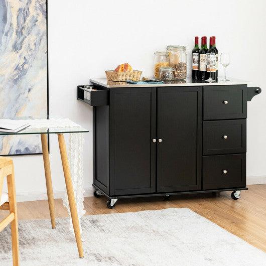 Kitchen Island 2-Door Storage Cabinet with Drawers and Stainless Steel Top-Black