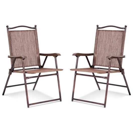 Set of 2 Patio Folding Sling Back Camping Deck Chairs-Brown