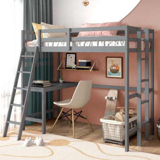 Twin Size Loft Bed Frame with Desk Angled and Built-in Ladder-Gray