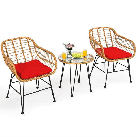 3 Pieces Rattan Furniture Set with Cushioned Chair Table-Red