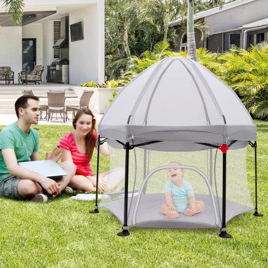 53 Inch Outdoor Baby Playpen with Canopy and Carrying Bag Portable Play Yard Toddlers-Gray