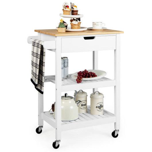 3-Tier Kitchen Island Cart Rolling Service Trolley with Bamboo Top-White