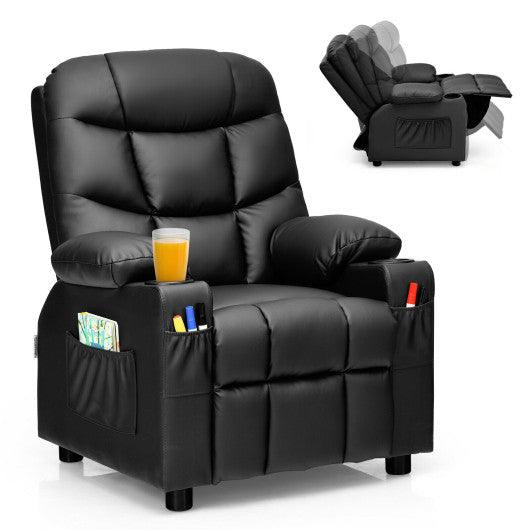 PU Leather Kids Recliner Chair with Cup Holders and Side Pockets-Black