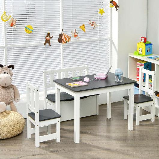 4 Pieces Kids Wooden Activity Table and Chairs Set with Storage Bench and Study Desk-Gray