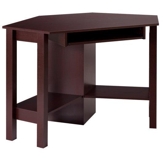 Wooden Study Computer Corner Desk with Drawer-Coffee