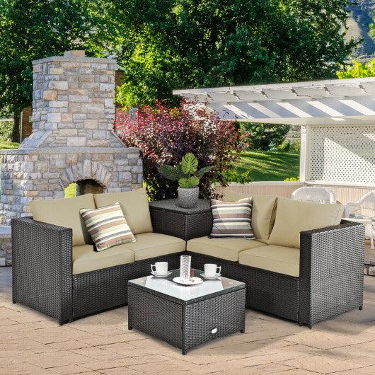 4 Pieces Outdoor Patio Rattan Furniture Set with Cushioned Loveseat and Storage Box-Brown