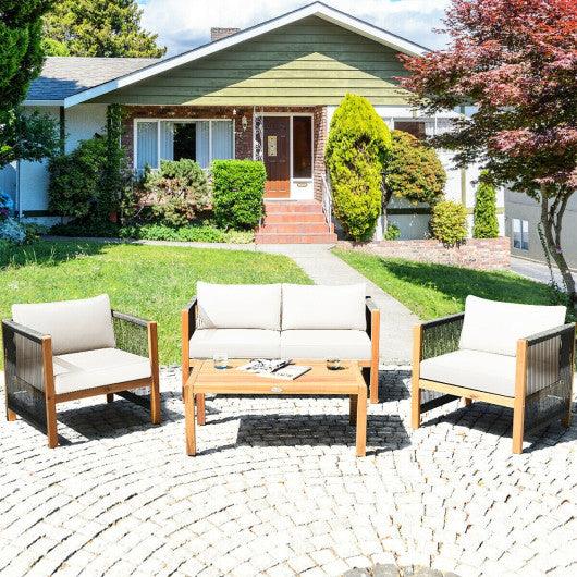 4 Pcs Acacia Wood Outdoor Patio Furniture Set with Cushions-White