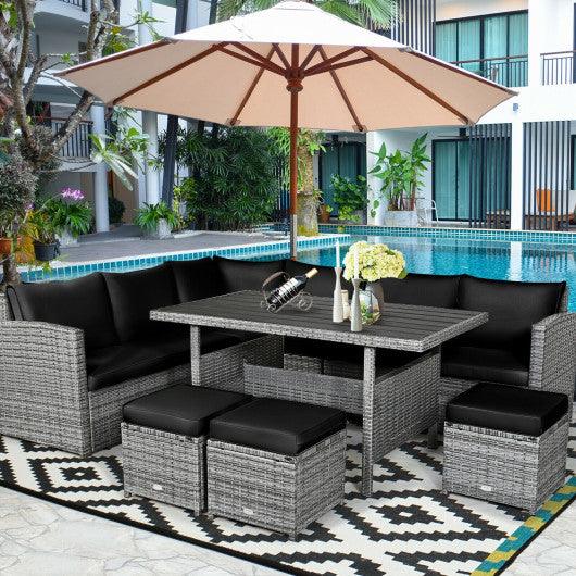 7 Pieces Patio Rattan Dining Furniture Sectional Sofa Set with Wicker Ottoman-Black