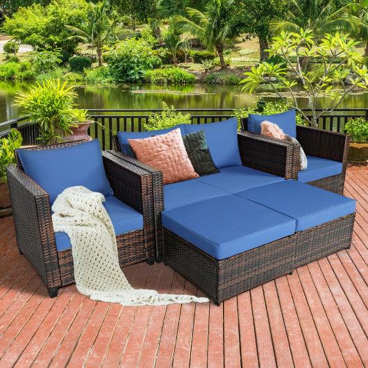 5 Pieces Patio Cushioned Rattan Furniture Set-Navy