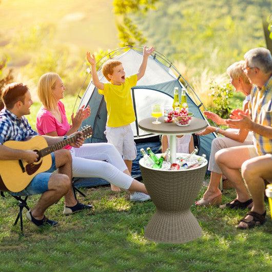 3 in 1 8 Gallon Patio Rattan Cooler Bar Table with Adjust Ice Bucket-Brown