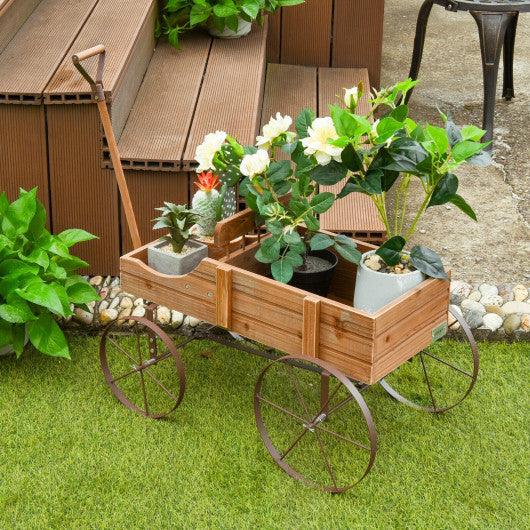 Wooden Wagon Plant Bed With Wheel for Garden Yard-Brown