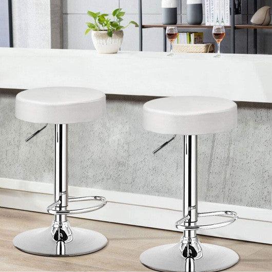 Set of 2 Adjustable Round PU Leather Swivel Barstool with Chrome Footrest-White