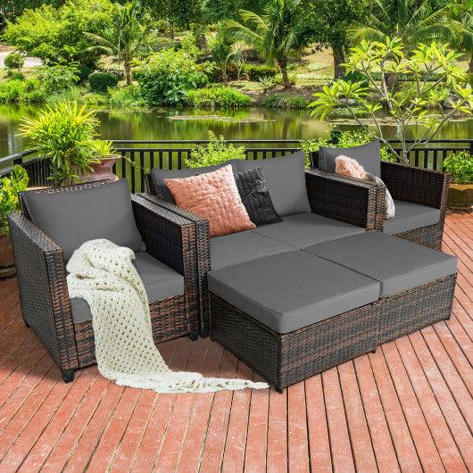 5 Pieces Patio Cushioned Rattan Furniture Set-Gray