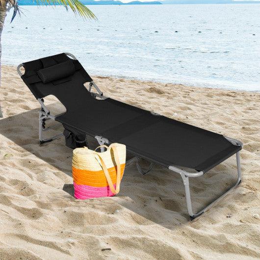 Folding Beach Lounge Chair with Pillow for Outdoor-Black