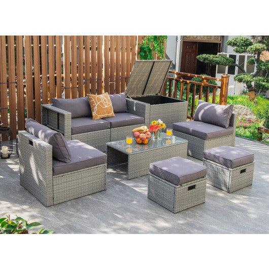 8 Pieces Patio Rattan Furniture Set with Storage Waterproof Cover and Cushion-Gray