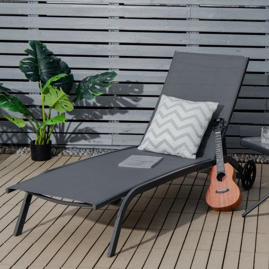 6-Poisition Adjustable Outdoor Chaise Recliner with Wheels-Gray