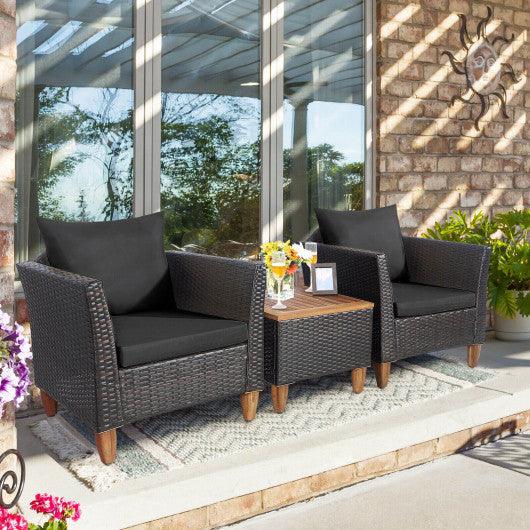 3 Pieces Patio Rattan Bistro Furniture Set with Wooden Table Top-Black