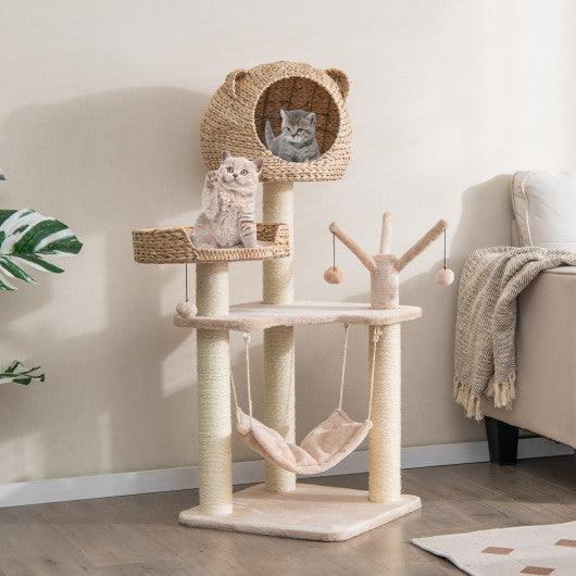 Multi-Level Cat Tree with Condo Hammock and Rotatable Hanging Balls-Natural