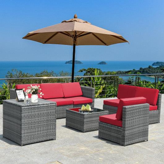 8 Piece Wicker Sofa Rattan Dinning Set Patio Furniture with Storage Table-Red