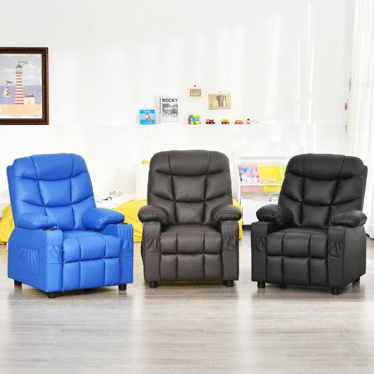 PU Leather Kids Recliner Chair with Cup Holders and Side Pockets-Blue