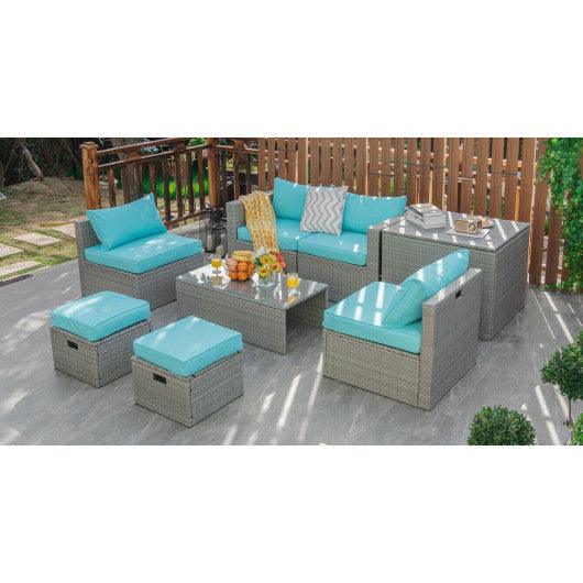 8 Pieces Patio Rattan Furniture Set with Storage Waterproof Cover and Cushion-Turquoise