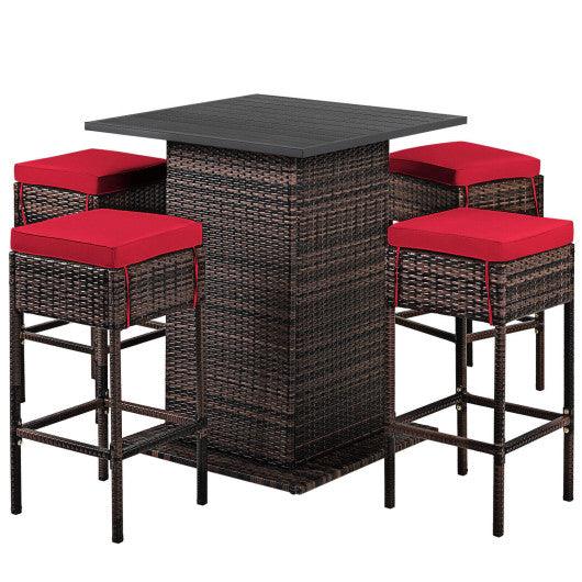 5 Pieces Patio Rattan Bar Table Stool Set Hidden Storage Shelf Cushioned-Red