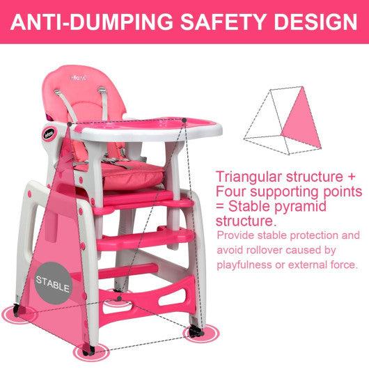 3-in-1 Baby High Chair with Lockable Universal Wheels-Pink