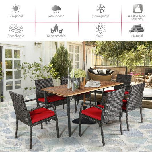 7Pcs Patio Rattan Cushioned Dining Set with Umbrella Hole-Red
