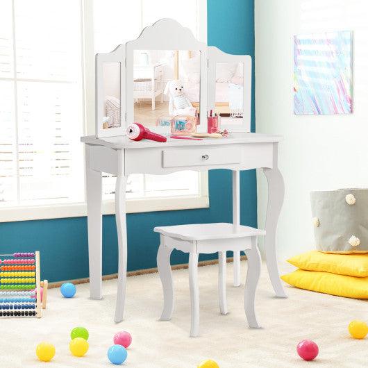 Kids Makeup Dressing Mirror Vanity Table Stool Set