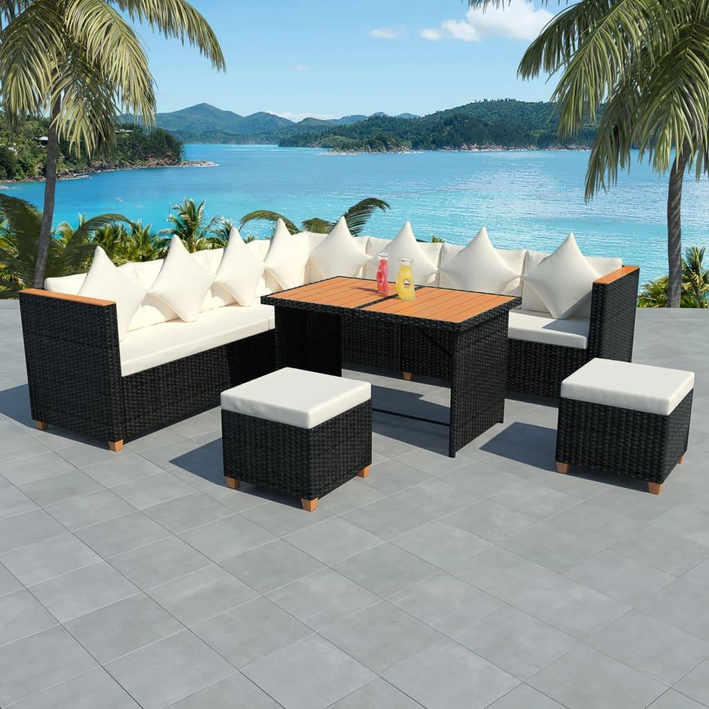 7 Piece Patio Lounge Set with Cushions Poly Rattan Black