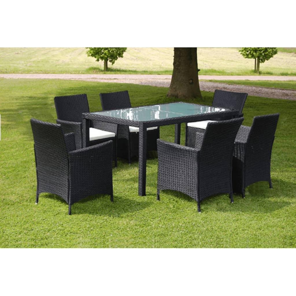 7 Piece Patio Dining Set with Cushions Poly Rattan Black