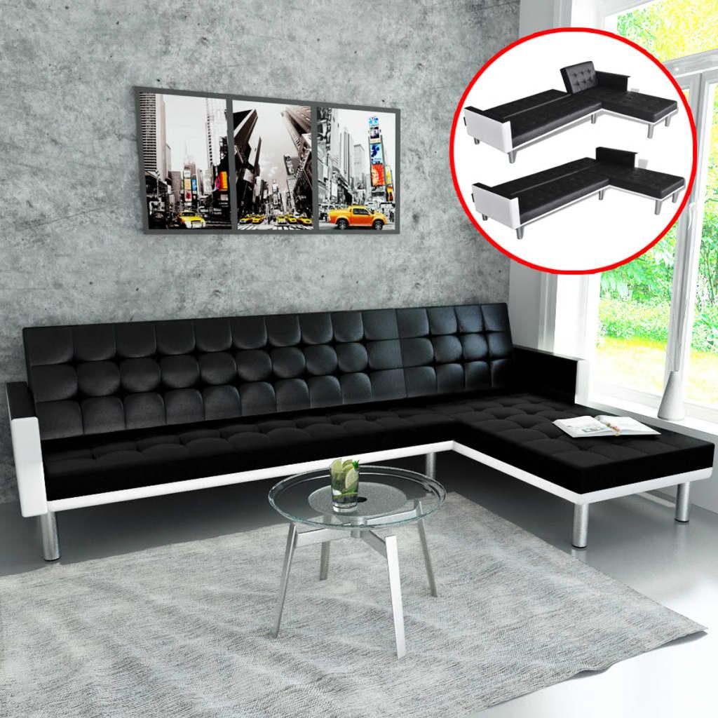 L-shaped Sofa Bed Artificial Leather Black and White - vidaXL - 244332 - Set Shop and Smile