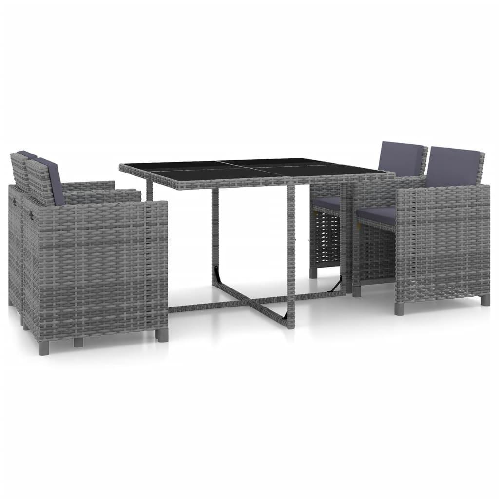 5 Piece Patio Dining Set with Cushions Poly Rattan Gray - vidaXL - 43901 - Set Shop and Smile